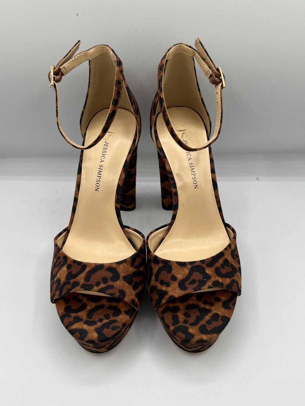 Jessica Simpson Leopard Print Platform Heels Ankle Strap Peep Toe Womens